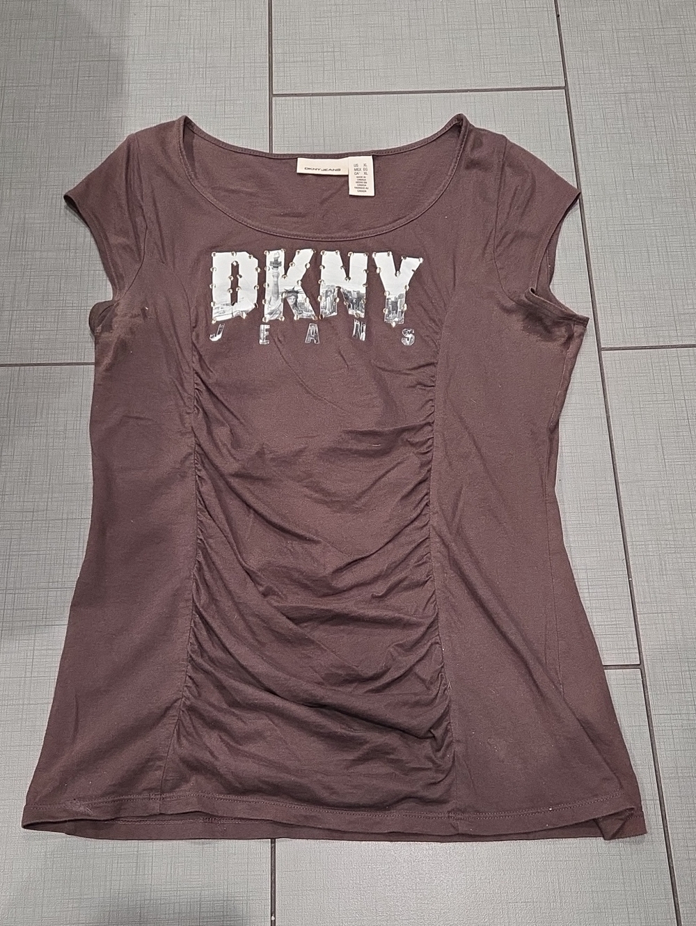 DKNY Brown Ruched Scoop Neck Short Sleeve Tee XL